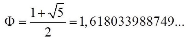 Formula del numero aureo: Phi = (1 + raiz de 5) / 2 = 1,618033988749...