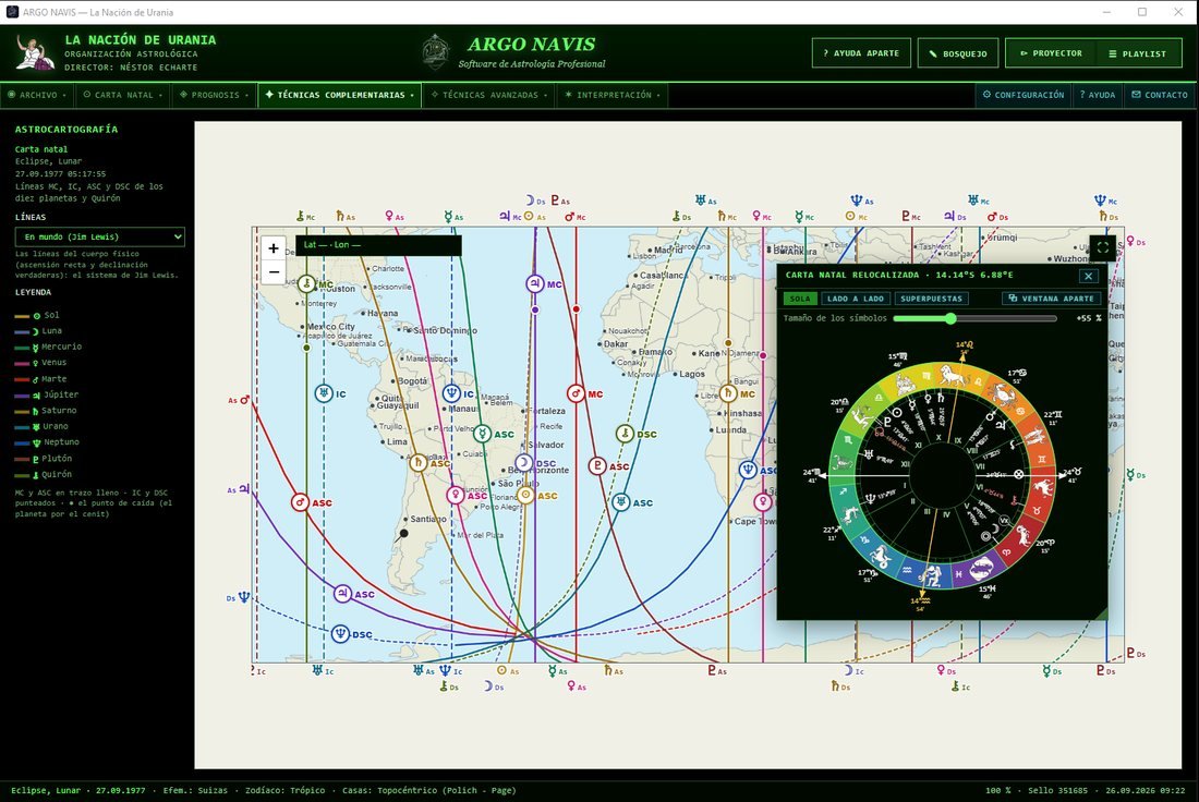 ARGO NAVIS: las líneas de astrocartografía sobre el mapa del mundo, con la carta relocalizada del punto elegido
