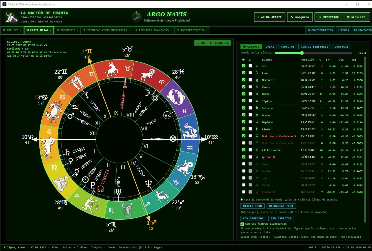 ARGO NAVIS en pantalla: la carta de un eclipse lunar con su planilla de cuerpos, posiciones, latitud, declinación y velocidad